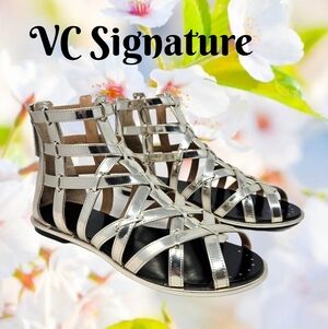 VC Signature Gladiator Silver Leather Womens Sandels Sz 8 Strappy Back Zip Women